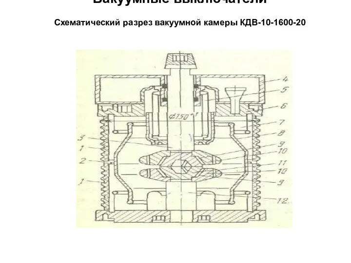 Вакуумные выключатели Схематический разрез вакуумной камеры КДВ-10-1600-20