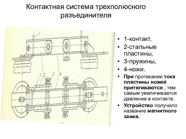 Контактная система трехполюсного разъединителя 1-контакт, 2-стальные пластины, 3-пружины, 4-ножи. При