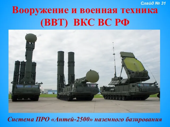 Вооружение и военная техника (ВВТ) ВКС ВС РФ Система ПРО «Антей-2500» наземного базирования Слайд № 31