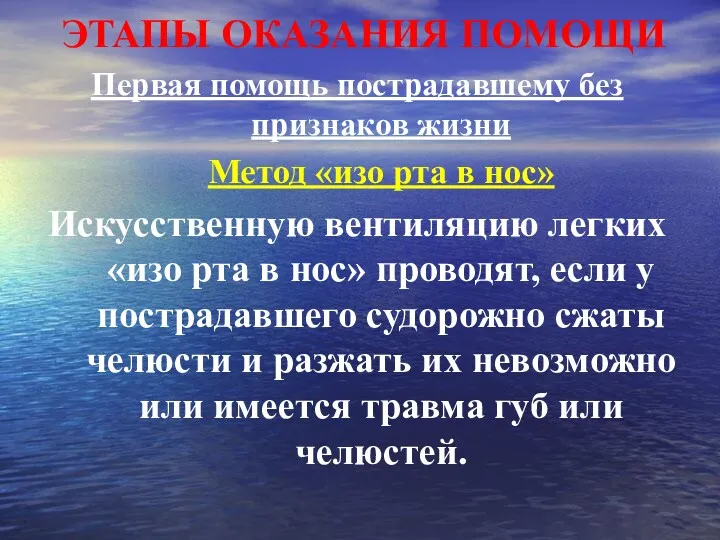 ЭТАПЫ ОКАЗАНИЯ ПОМОЩИ Первая помощь пострадавшему без признаков жизни Метод