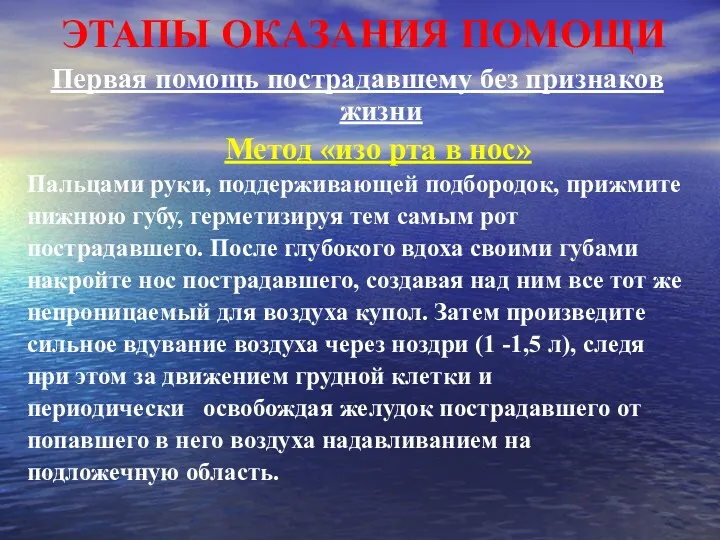 ЭТАПЫ ОКАЗАНИЯ ПОМОЩИ Первая помощь пострадавшему без признаков жизни Метод