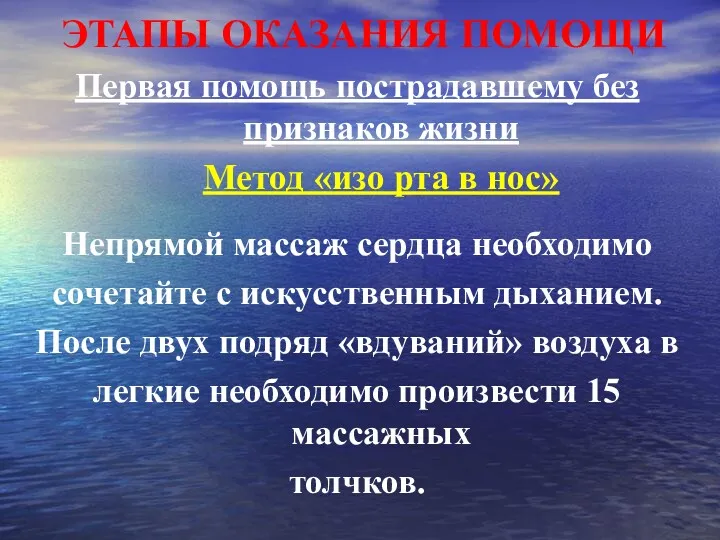 ЭТАПЫ ОКАЗАНИЯ ПОМОЩИ Первая помощь пострадавшему без признаков жизни Метод