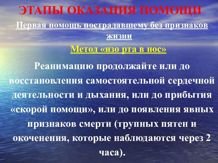 ЭТАПЫ ОКАЗАНИЯ ПОМОЩИ Первая помощь пострадавшему без признаков жизни Метод