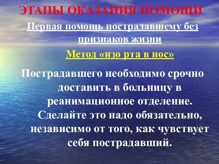 ЭТАПЫ ОКАЗАНИЯ ПОМОЩИ Первая помощь пострадавшему без признаков жизни Метод