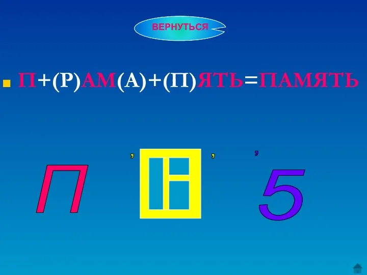 П+(Р)АМ(А)+(П)ЯТЬ=ПАМЯТЬ П 5 , , , ВЕРНУТЬСЯ