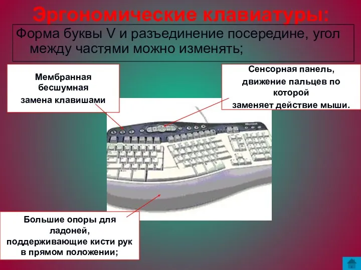 Эргономические клавиатуры: Форма буквы V и разъединение посередине, угол между