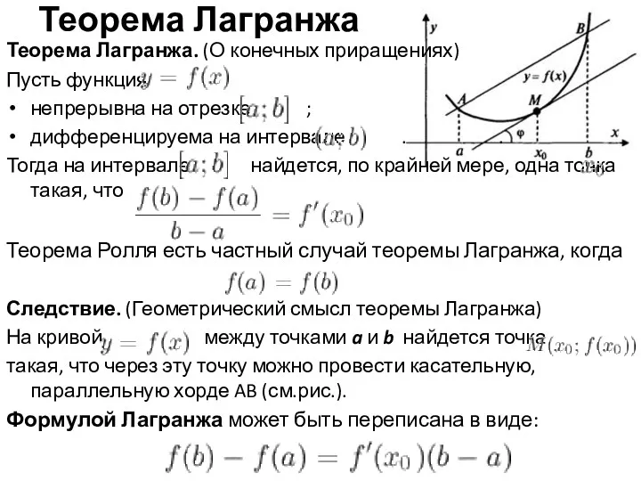 Теорема Лагранжа Теорема Лагранжа. (О конечных приращениях) Пусть функция непрерывна