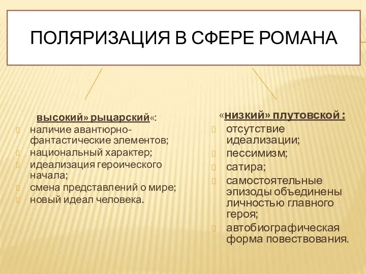 ПОЛЯРИЗАЦИЯ В СФЕРЕ РОМАНА высокий» рыцарский«: наличие авантюрно-фантастические элементов; национальный