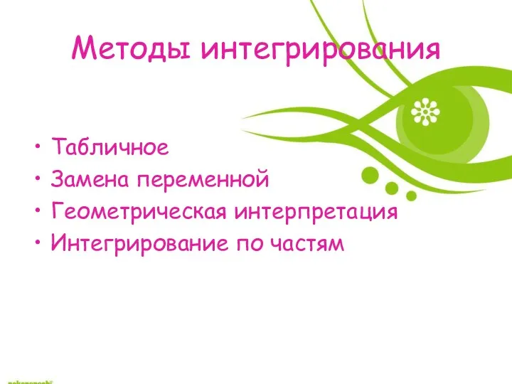 Методы интегрирования Табличное Замена переменной Геометрическая интерпретация Интегрирование по частям