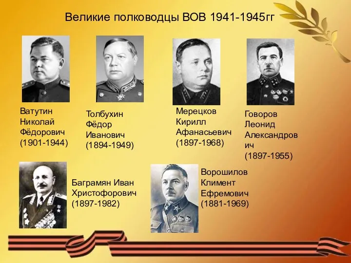 Великие полководцы ВОВ 1941-1945гг Ватутин Николай Фёдорович (1901-1944) Толбухин Фёдор