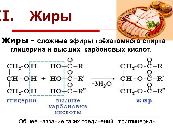 Жиры - сложные эфиры трёхатомного спирта глицерина и высших карбоновых