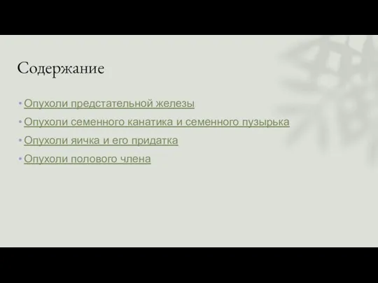 Содержание Опухоли предстательной железы Опухоли семенного канатика и семенного пузырька