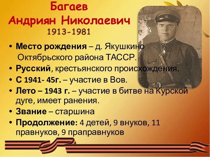 Багаев Андриян Николаевич 1913-1981 Место рождения – д. Якушкино Октябрьского района ТАССР. Русский,