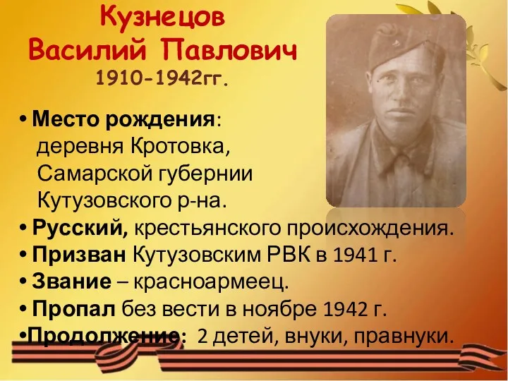 Кузнецов Василий Павлович 1910-1942гг. Место рождения: деревня Кротовка, Самарской губернии Кутузовского р-на. Русский,