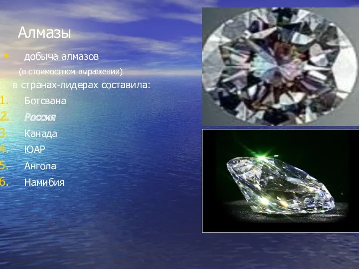 Алмазы добыча алмазов (в стоимостном выражении) в странах-лидерах составила: Ботсвана Россия Канада ЮАР Ангола Намибия