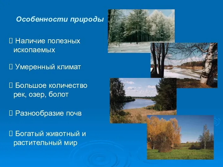 Особенности природы Умеренный климат Наличие полезных ископаемых Большое количество рек,