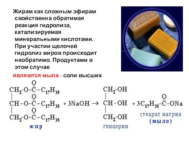 Жирам как сложным эфирам свойственна обратимая реакция гидролиза, катализируемая минеральными