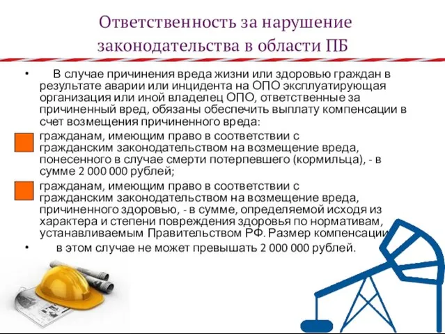 Ответственность за нарушение законодательства в области ПБ В случае причинения