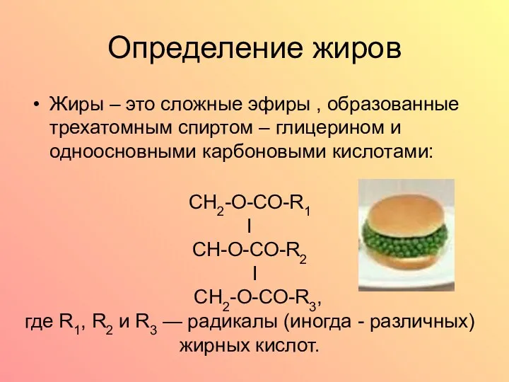 Определение жиров Жиры – это сложные эфиры , образованные трехатомным