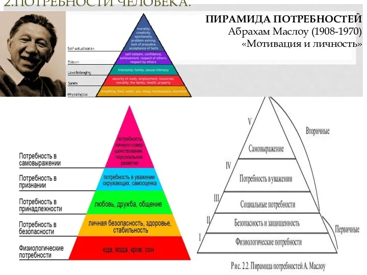 2.ПОТРЕБНОСТИ ЧЕЛОВЕКА. ПИРАМИДА ПОТРЕБНОСТЕЙ Абрахам Маслоу (1908-1970) «Мотивация и личность»