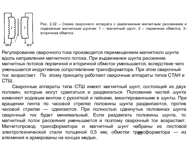 Регулирование сварочного тока производится перемещением магнитного шунта вдоль направления магнитного