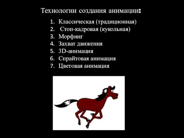 Технологии создания анимации: Классическая (традиционная) Стоп-кадровая (кукольная) Морфинг Захват движения 3D-анимация Спрайтовая анимация Цветовая анимация