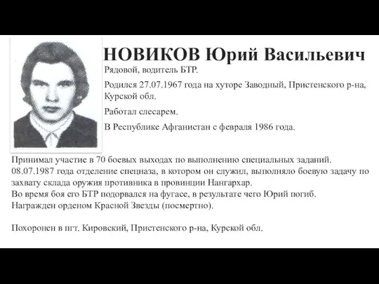 НОВИКОВ Юрий Васильевич Рядовой, водитель БТР. Родился 27.07.1967 года на