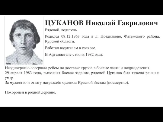 ЦУКАНОВ Николай Гаврилович Рядовой, водитель. Родился 08.12.1963 года в д.