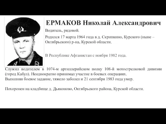 ЕРМАКОВ Николай Александрович Водитель, рядовой. Родился 17 марта 1964 года