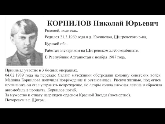 КОРНИЛОВ Николай Юрьевич Рядовой, водитель. Родился 21.3.1969 года в д.