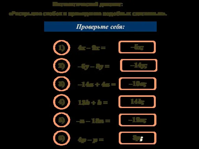 Математический диктант: «Раскрытие скобок и приведение подобных слагаемых». Упростите выражение: