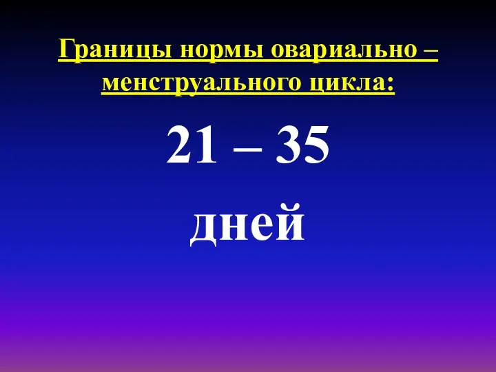 Границы нормы овариально – менструального цикла: 21 – 35 дней