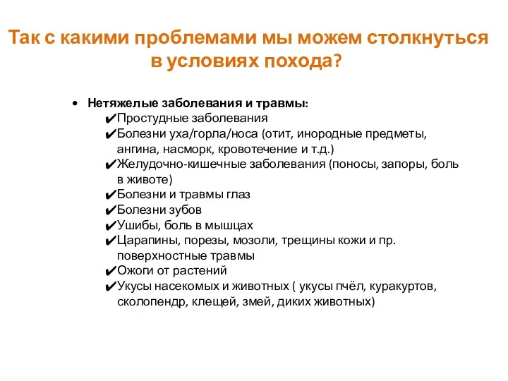 Так с какими проблемами мы можем столкнуться в условиях похода? Нетяжелые заболевания и