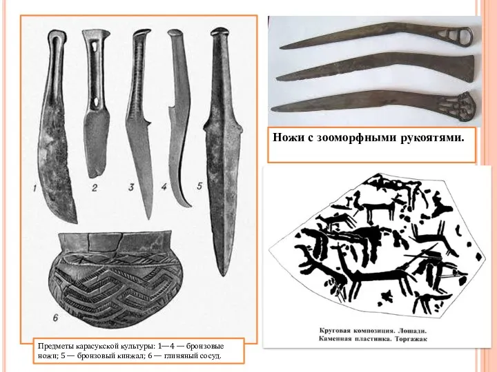 Предметы карасукской культуры: 1—4 — бронзовые ножи; 5 — бронзовый