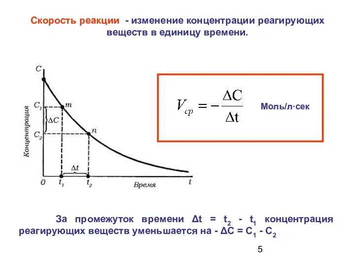 Скорость реакции - изменение концентрации реагирующих веществ в единицу времени.