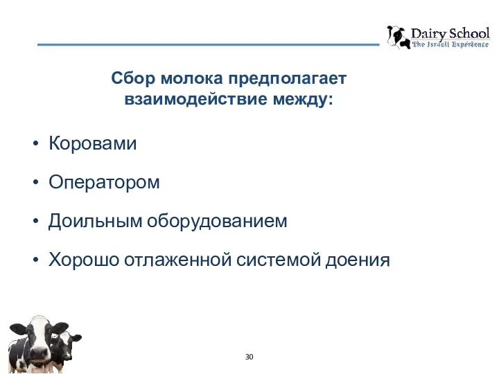 Сбор молока предполагает взаимодействие между: Коровами Оператором Доильным оборудованием Хорошо отлаженной системой доения