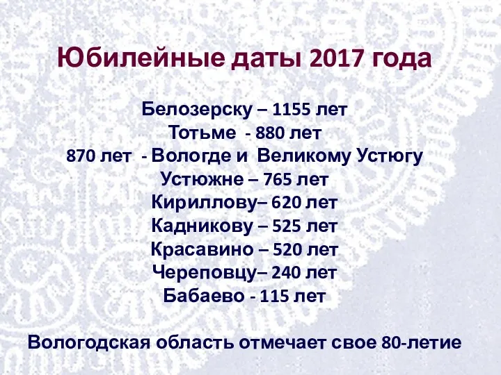 Юбилейные даты 2017 года Белозерску – 1155 лет Тотьме -