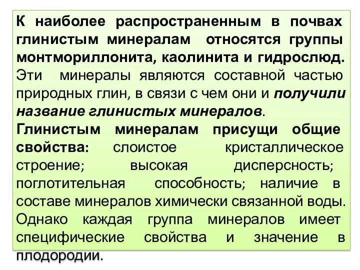 К наиболее распространенным в почвах глинистым минералам относятся группы монтмориллонита,