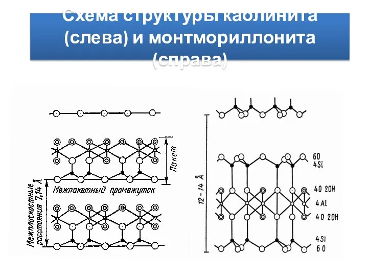 Схема структуры каолинита (слева) и монтмориллонита (справа)