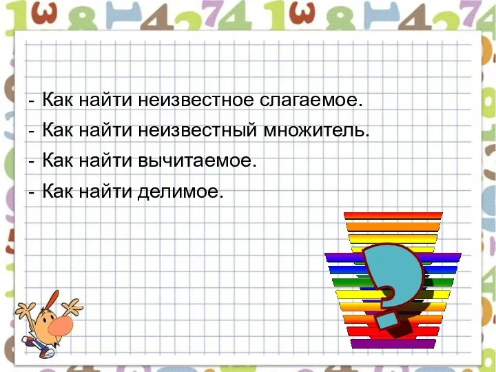 Как найти неизвестное слагаемое. Как найти неизвестный множитель. Как найти вычитаемое. Как найти делимое.