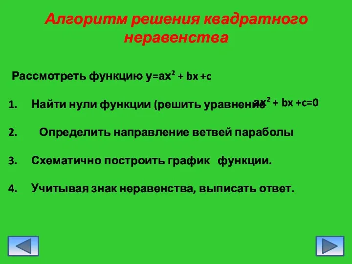 Алгоритм решения квадратного неравенства Рассмотреть функцию у=ах2 + bx +c