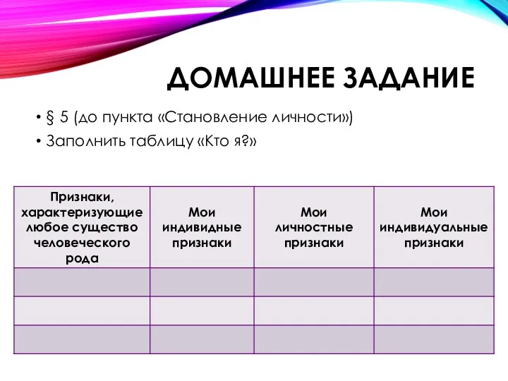 ДОМАШНЕЕ ЗАДАНИЕ § 5 (до пункта «Становление личности») Заполнить таблицу «Кто я?»