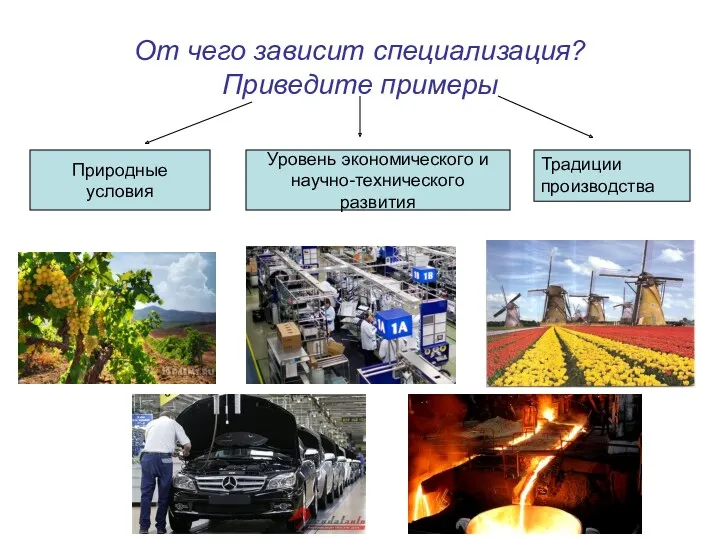 От чего зависит специализация? Приведите примеры Природные условия Уровень экономического и научно-технического развития Традиции производства