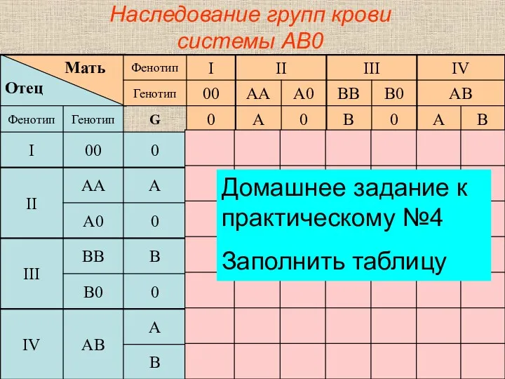 Наследование групп крови системы AB0 Домашнее задание к практическому №4 Заполнить таблицу