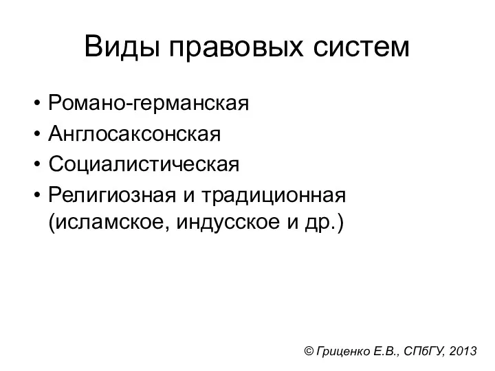 Виды правовых систем Романо-германская Англосаксонская Социалистическая Религиозная и традиционная (исламское,