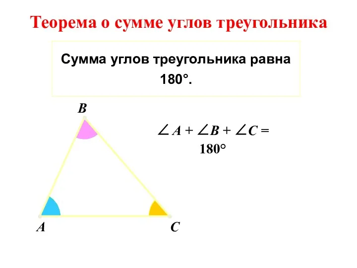 Сумма углов треугольника равна 180°. ∠ A + ∠B + ∠C = 180°