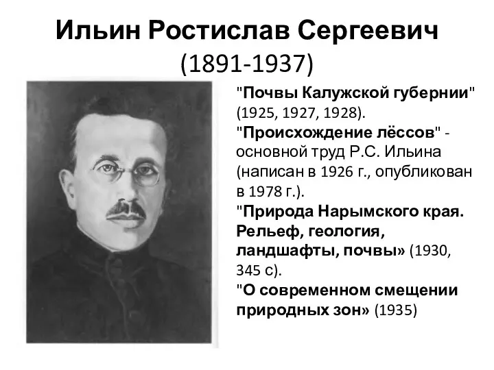 Ильин Ростислав Сергеевич (1891-1937) "Почвы Калужской губернии" (1925, 1927, 1928). "Происхождение лёссов" -