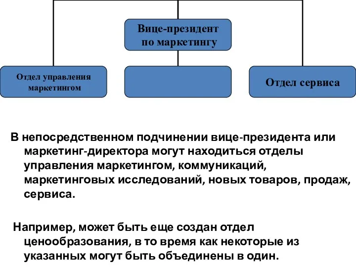 В непосредственном подчинении вице-президента или маркетинг-директора могут находиться отделы управления