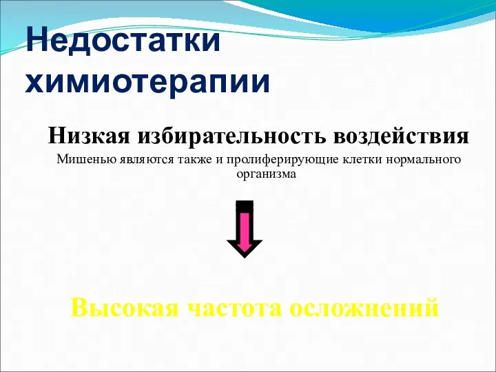 Недостатки химиотерапии Низкая избирательность воздействия Мишенью являются также и пролиферирующие клетки нормального организма Высокая частота осложнений