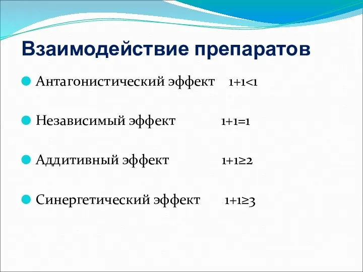 Взаимодействие препаратов Антагонистический эффект 1+1 Независимый эффект 1+1=1 Аддитивный эффект 1+1≥2 Синергетический эффект 1+1≥3